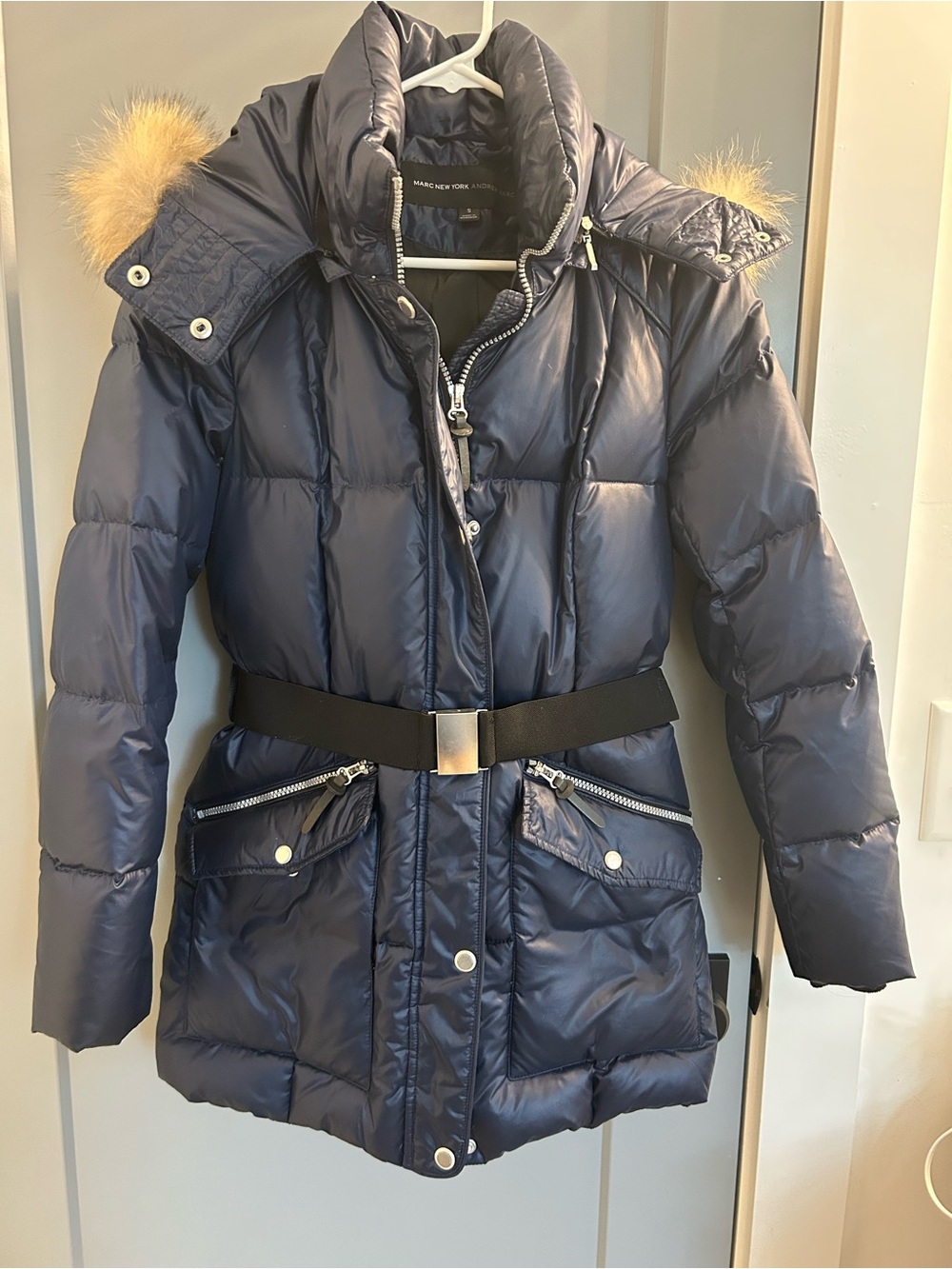 Women's Navy Down Puffer Coat with Belt and Real Fur-Trim Hood